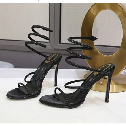 Kristall-Sandalen mit Schlangen-Wickel-Design & High Heels