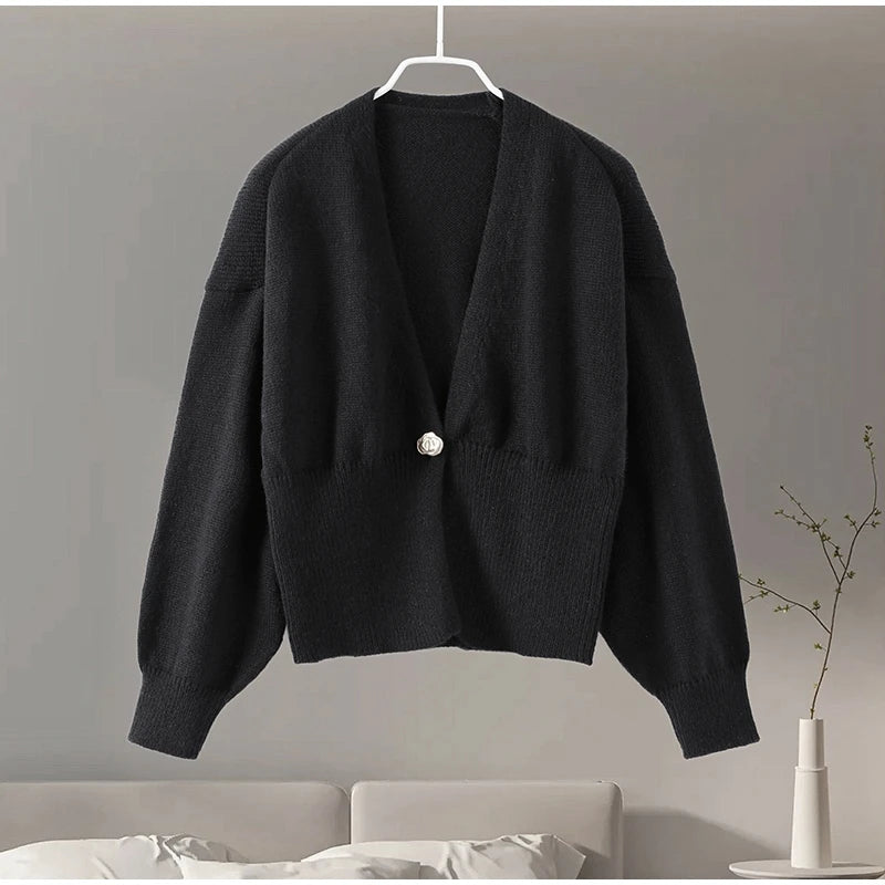 Strickjacke mit Ein-Knopf-Verschluss & V-Ausschnitt